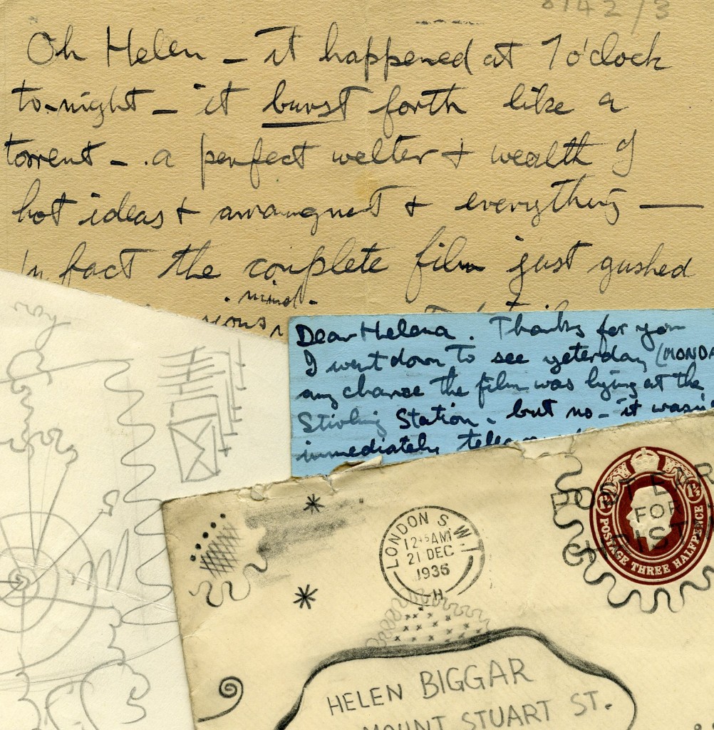 Examples of the letters and postcards sent by Norman McLaren to Helen Biggar.