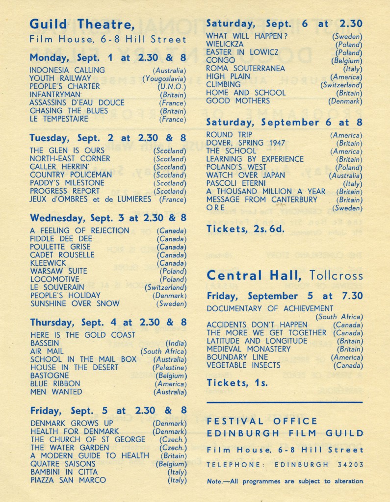 Reverse of leaflet listing films shown at first Edinburgh Film Festival