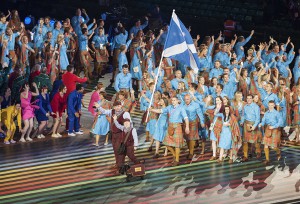 A Scottish terrier introduces Team Scotland at the opening ceremony