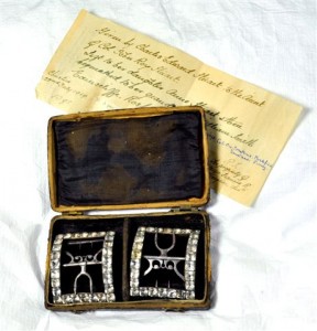 A pair of shoe buckles from one of our collections. Visit the library to find out why they are one of our 'treasures'.
