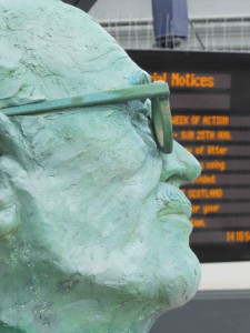 Detail of bust of John Grierson by the sculptor Kenny Munro at Stirling Train Station. 
