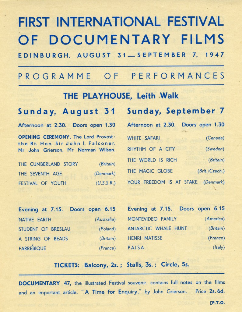 Front of leaflet listing films shown at the first Edinburgh Film Festival